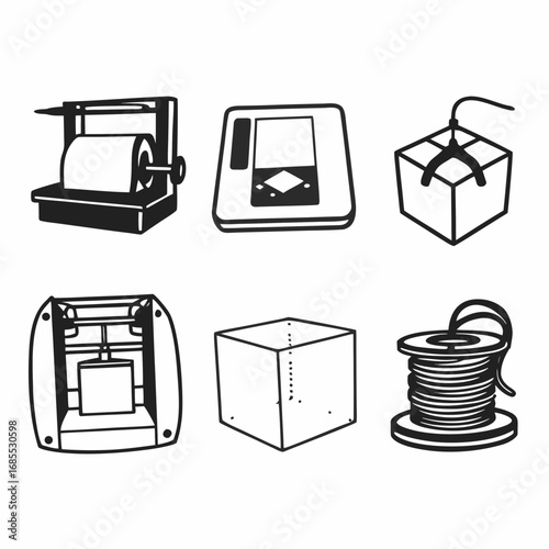 Illustration of 3d printing equipment and materials, showcasing different types