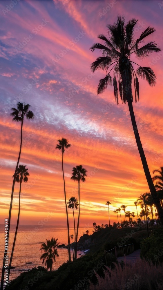 Fototapeta premium Vibrant tropical sunset sky over ocean with silhouetted palm trees and wispy clouds