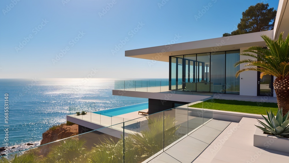 Fototapeta premium A breathtaking modern villa nestled on the tranquil shores of a serene ocean, featuring expansive floor-to-ceiling glass windows. Ocean view or sea view villa modern seaside architecture