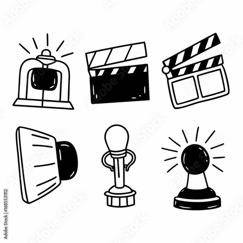Illustration of movie making equipment, including clapperboards, lights, and an award