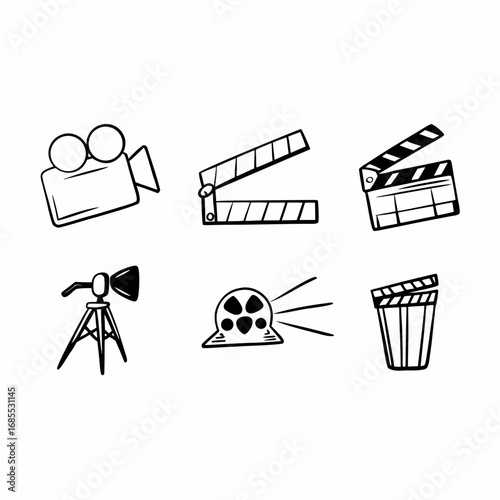 Hand drawn illustration of film making equipment including camera and clapperboard