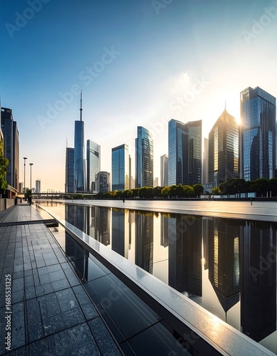 Urban Skyline Reflecting in Water.