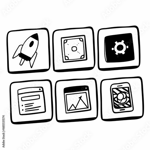 Hand drawn icons representing startup, carrom game, settings, list, graph, and mobile application
