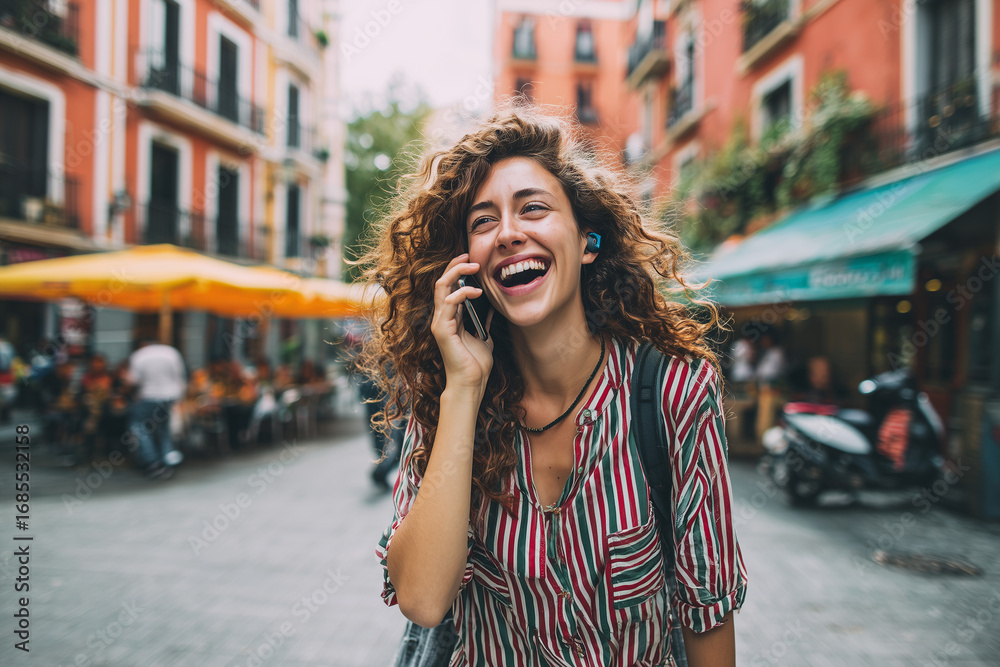 Fototapeta premium A woman laughing on a phone call while walking through a vibrant city street, hands-free, wireless earpiece, urban energy, candid, street photography style