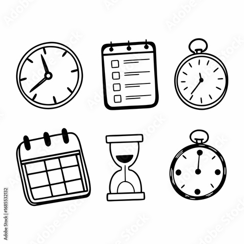 Hand drawn time management icons clock, calendar, hourglass, timer, and schedule