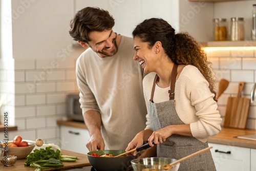 A delighted young couple preparing a delicious meal together, sharing laughter and joy in their cozy kitchen