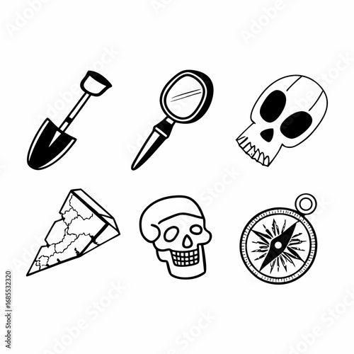 Hand drawn treasure hunt icons including shovel, magnifier, skull, diamond, and compass