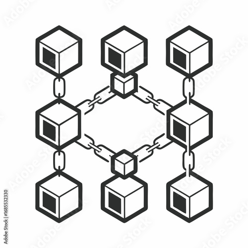 Blockchain network with interconnected cubes linked by chains, representing secure data transfer