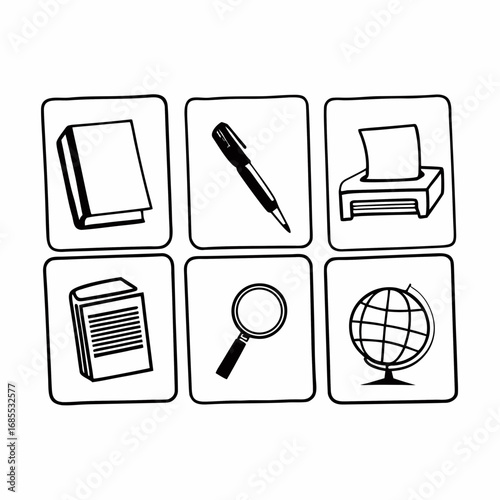 Collection of school supplies and office equipment in square frames, including books, pen, globe, printer