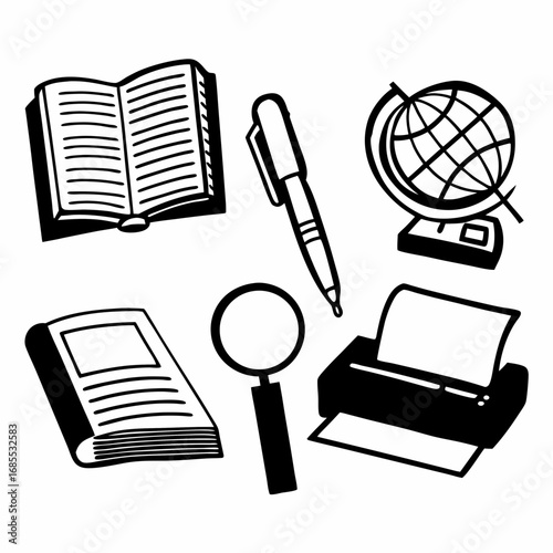 Collection of school supplies and office equipment, including books, pen, globe, printer, and magnifying glass