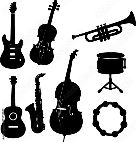 Musical instrument silhouettes: a collection of music tools. featuring the guitar, violin, trumpet, drum, saxophone, cello, and tambourine in an expressive display of artistic forms.
