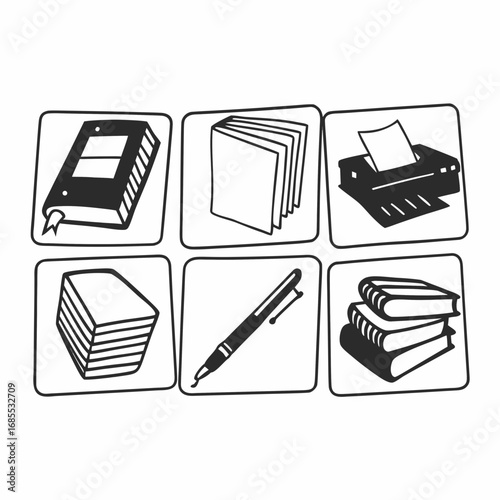 Black and white drawing of school supplies, including books, printer, paper, and pen