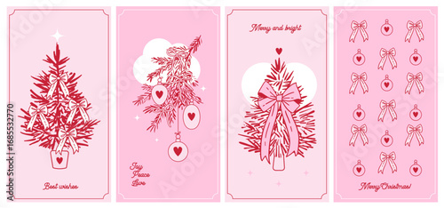 Trendy Coquette Merry Christmas and Happy New Year greeting social media posters Set. Whimsical Christmas tree in trendy Coquette style with satin bows. XMAS art with Bows and Ribbons. 16x9 vector