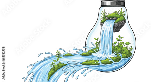Illustration of a lightbulb with a miniature waterfall and island landscape inside, water flowing out.