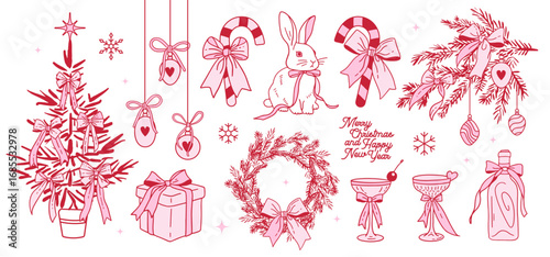Whimsical Coquette Christmas Elements set. Hand drawn Vintage Xmas Holiday Clipart with bows in contour flat style. Vector illustrations of Baubles Decorations, Fir Tree, pine branch and cocktails.