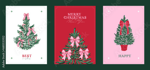 Whimsical Christmas greeting cards templates. Ink drawing Merry Christmas vintage banners set. Xmas design with fit tree with ribbons and bows. Minimalist vector illustration in coquette style.