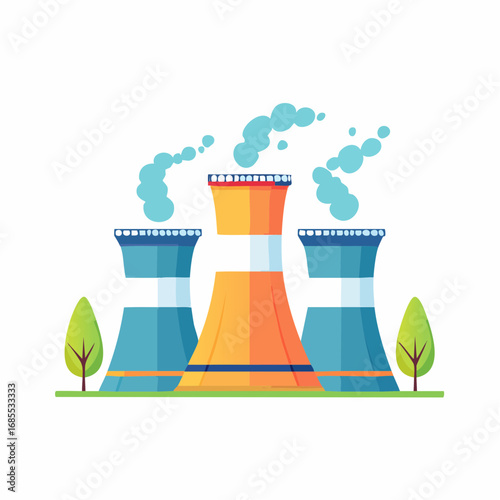 Flat Vector Icon of Industrial Power Plant with Cooling Towers Emitting Steam — Energy Generation Illustration