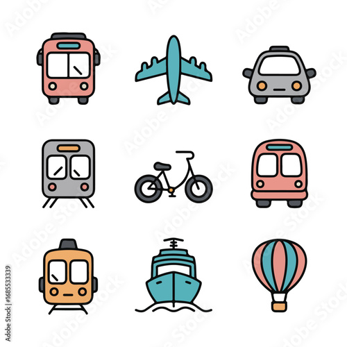 Minimal transport vector icons set – pastel outline travel vehicles pack