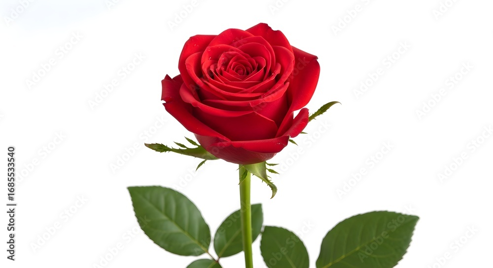 Vibrant Red Rose in Full Bloom with Fresh Green Leaves on a Clean White Background – Timeless Symbol of Love, Passion, and Beauty Captured in Detailed Floral Photography Vibrant Red Rose in Full Bloom with Fresh Green Leaves on a Clean White Background – Timeless Symbol of Love, Passion, and Beauty Captured in Detailed Floral Photography