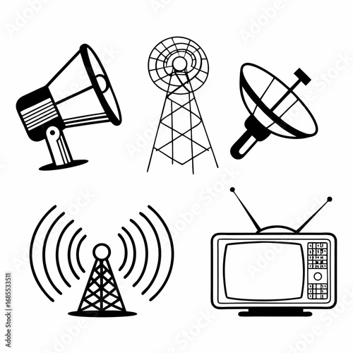 Communication and broadcast devices arranged on, including antenna, megaphone, and television