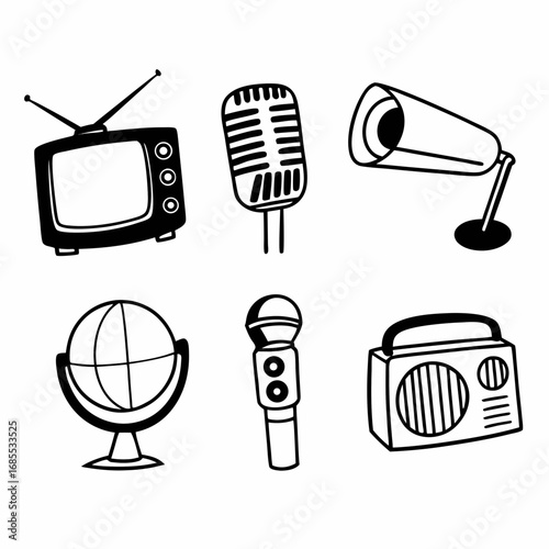 Collection of media and communication devices, including tv, microphone, and radio
