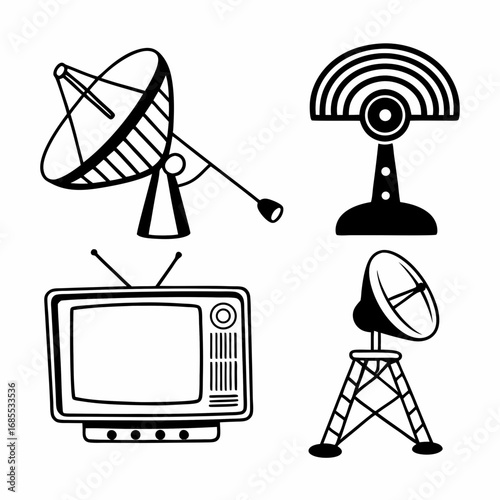 Communication and broadcasting technology icons, featuring antennas and television