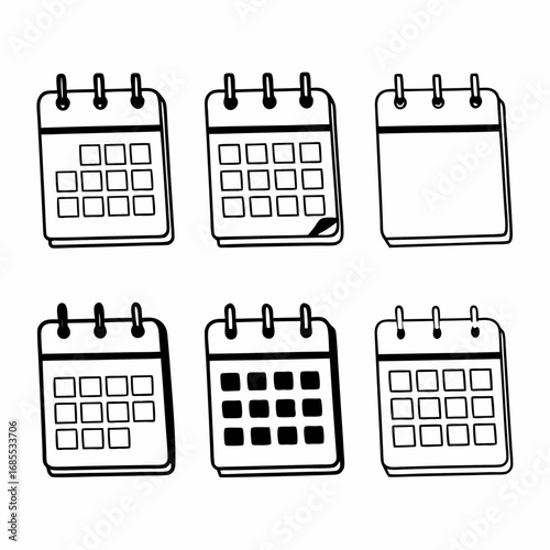 Set of six hand drawn calendar icons in doodle style for web or print