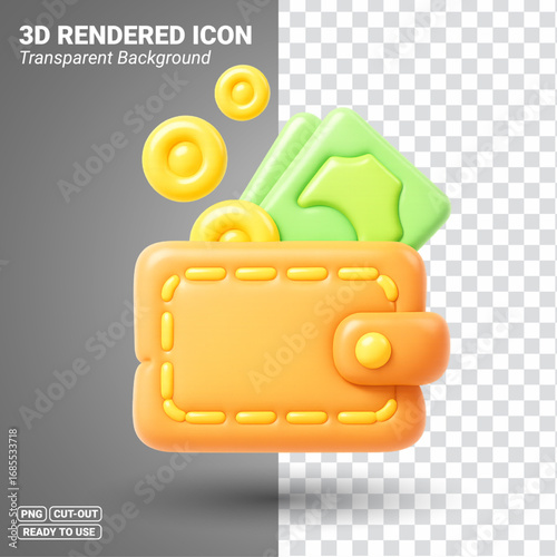 3D Rendered Wallet with Cash and Coins. Transparent PNG file ready to be used.
