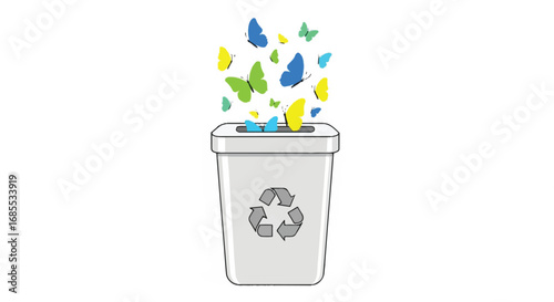 Recycling bin with butterflies flying out, symbolizing environmental transformation.
