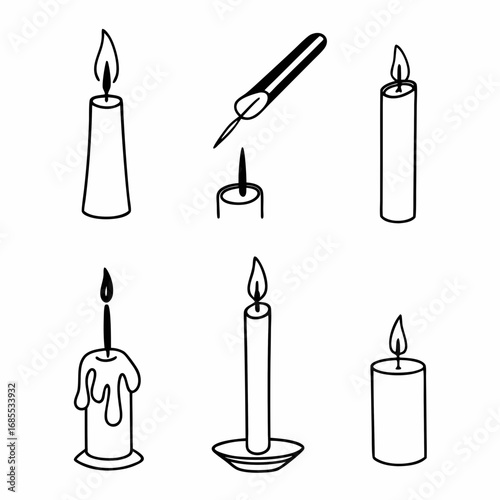 Collection of candle illustrations, including a tool for trimming the wick