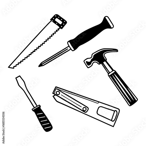 Hand tools saw, screwdriver, hammer, and staple gun for construction work