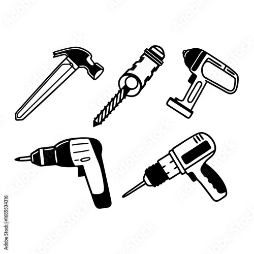 Drills and hammer tools for construction, repair, and home improvement projects