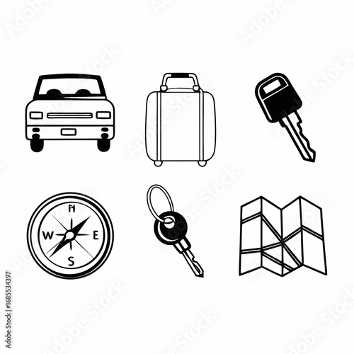 Travel icons set includes car, suitcase, key, compass, map, and other travel items
