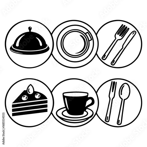 Food service icons set of restaurant and cafe signs with tableware and dishes