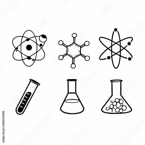 Illustration of science and chemistry elements, including atoms, molecules, and flasks
