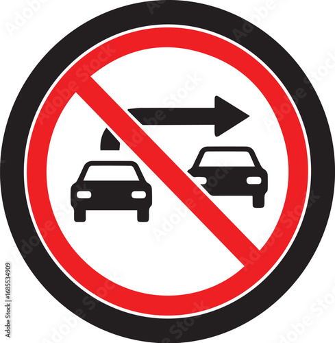 Prohibitory sign for no overtaking with red circle and diagonal bar