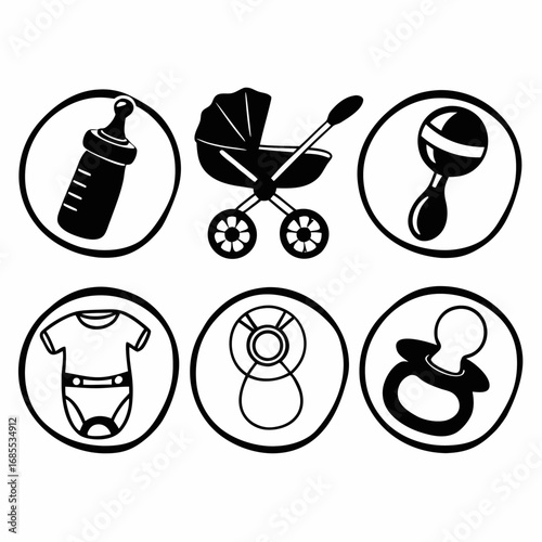 Baby essentials vector illustration set featuring bottle, pram, rattle, and more