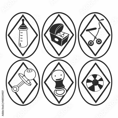 Baby icons set featuring bottle, chest, stroller, pacifier and toy