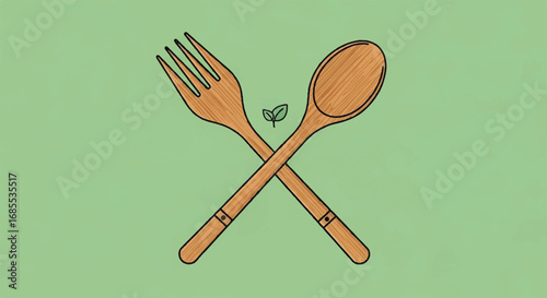 Wooden spoon and fork crossed, minimalist design.