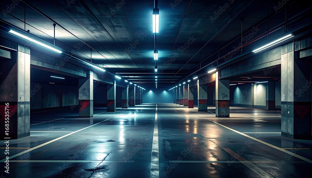 Fototapeta premium Empty underground parking garage, lit by cool toned fluorescent lights