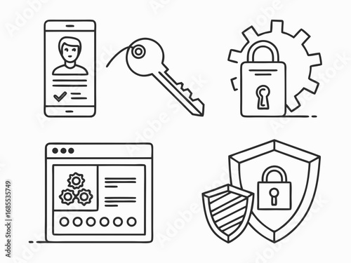 Collection of line art icons representing security access and digital identity management concepts