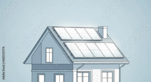A stylized illustration of a residential house with solar panels installed on the roof to generate clean, renewable energy.