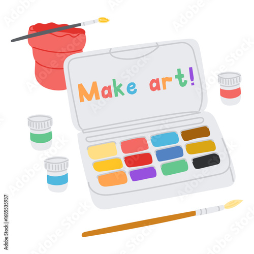 Watercolor paint set with brush, jars and colorful make art message in playful flat style. creative expression, artistic inspiration and hobby encouragement concept