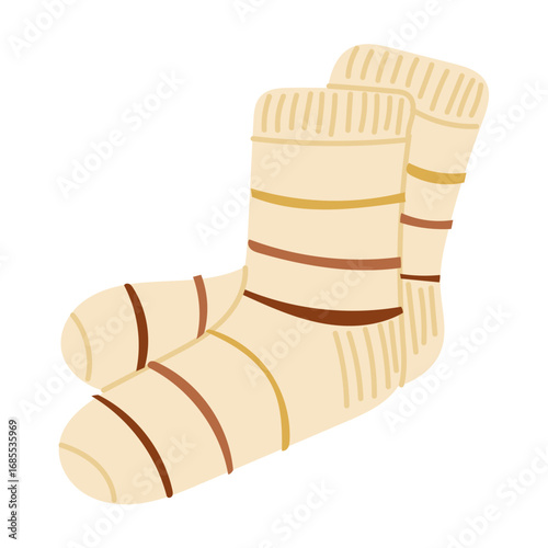 Cozy striped socks in warm colors illustrated in minimal flat style. symbol of warmth, comfort and seasonal hygge lifestyle