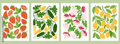 Colorful flat illustrations of strawberries, cucumbers, radishes and lemons with leaves on individual posters. concept of healthy eating, seasonal harvest and plant-based lifestyle