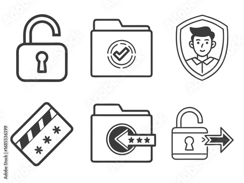 Collection of security and data protection icons including unlocked padlock verified folder user shield credit card folder with stars and unlocked padlock with arrow