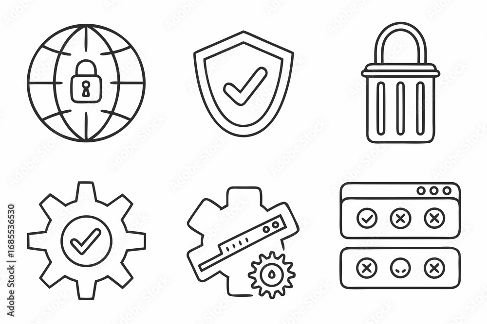 Fototapeta premium Collection of security and technology icons including a locked globe shield with checkmark padlock gears and login interface