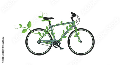 A bicycle adorned with climbing plants, suggesting an eco-friendly and sustainable transportation option.