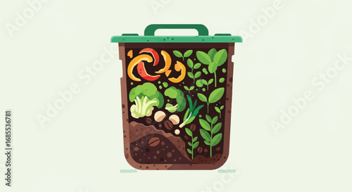 A composting bin filled with organic waste and growing plants, illustrating the process of decomposition and nutrient recycling.