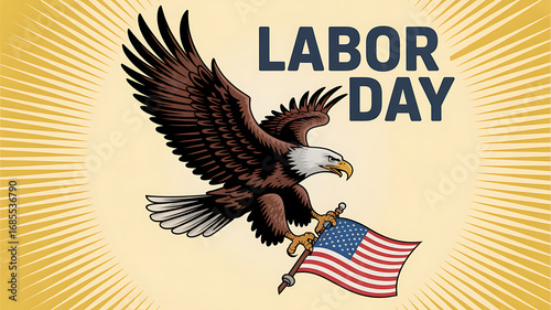 Majestic eagle carries American flag against sunburst background labor day patriotic